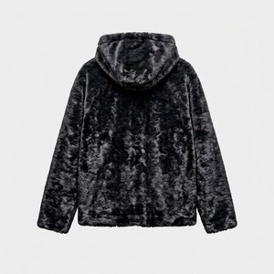 Veste zippée à capuche en fausse fourrure pour homme, coupe classique, couleur unie, vêtement d'extérieur décontracté d'hiver, matière polaire, noir - Product Image 2