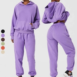 Conjunto Deportivo con Capucha para Mujer, Color Sólido, Manga Larga, Casual, Pantalones Deportivos Transpirables de Algodón con Bolsillos, Corte Holgado, para Otoño - Product Image 1