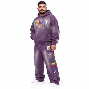 Conjunto Deportivo Morado Lavado, Unisex, de Felpa, con Pantalones Anchos, Estilo Urbano, con Bordado Personalizado, Etiquetas Personalizadas, Ropa Casual de Otoño - Product Image 3