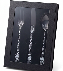 Halloween Themed <b>Black</b> Metal Flatware <b>Set</b> With Skull And Ghost Design Dishwasher Safe Party <b>Cutlery</b> 5 Piece For Party Use - Product Image 6