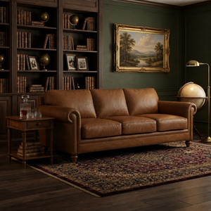 Canapé classique en cuir véritable marron cognac 3 places pour salon avec accoudoirs roulés et garniture cloutée - Product Image 4