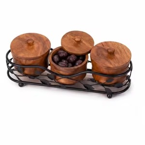 Ensemble de service carré en bois avec quatre pots, support en fil métallique noir et poignée supérieure, pour noix, fruits secs, dattes arabes et en-cas du Ramadan - Product Image 2