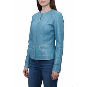 Veste sans col en tissu tissé en peau de mouton sur mesure pour femme, taille XS, fabriquée à la main, bleu turquoise, édition minimaliste élégante, Leathertex - Product Image 2