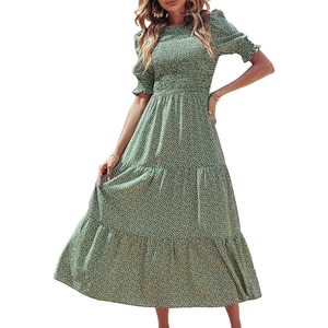 Robe longue smockée à volants et manches bouffantes, couleur unie, décontractée et élégante pour l'été - Product Image 2