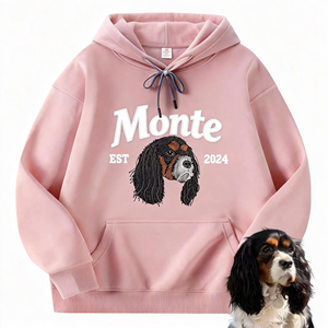 <b>Pink</b> Hooded <b>Sweatshirt</b> Featuring Embroidered Dog Artwork and a Front Pocket Unisex Pullover for Everyday Casual Outfits - Product Image 1