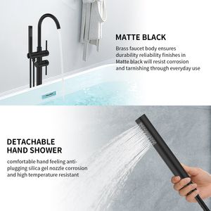 Miscelatore per Vasca da Bagno e Doccia Autoportante Nero Opaco ad Alta Portata con Doccetta, Montaggio a Pavimento, Stile Moderno - Product Image 6
