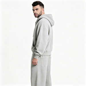 Conjunto Deportivo Informal Premium Moderno en Gris Claro, Holgado y Transpirable, con Sudadera con Cremallera Completa y Pantalones Deportivos Anchos con Cordón Ajustable, Dos Piezas - Product Image 4