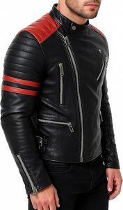 Custom Men Black Leather Biker <b>Jacket</b> Red Quilted Shoulder Stripe Motorbike Slim Fit Moto Coat Wholesale Fashion Outerwear - Product Image 4