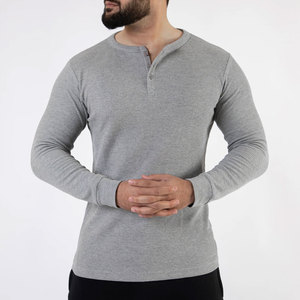 <b>Men's</b> Gray Waffle Knit Long Sleeve <b>Henley</b> <b>Shirt</b> Casual Regular Fit Pullover Top - Product Image 1