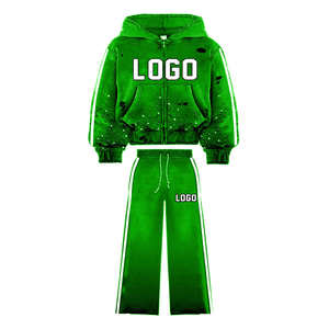 Premium Quality Men's Zip <b>Hoodie</b> Flared Pants Tracksuit Custom Printed Logo (Silk Screen) Rhinestone Embellishments Distressed - Product Image 5