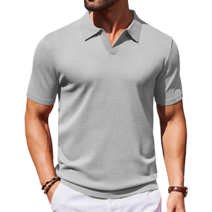 Polo à manches courtes en tricot gris clair pour homme, décontracté, couleur unie, respirant, coupe classique, tissu en coton - Product Image 1