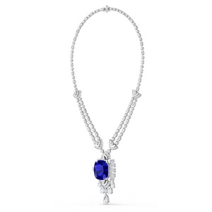 Magnifique collier en or jaune 9 carats avec diamants baguette émeraude et saphirs taille coussin, 86,27 CTW - Product Image 6