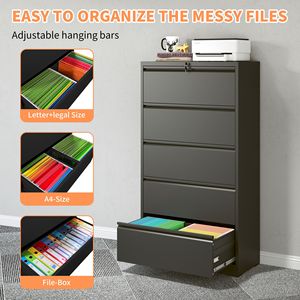 Armoire de classement latérale en métal à 5 tiroirs avec serrure pour le rangement du bureau à domicile, noire - Product Image 4