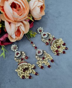 Heavy Ethnic CZ Studded Bridal Choker <b>Set</b> With Pearl Drop Accents Matching Earrings & Mangtika Antique Gold Plated <b>Jewellery</b> <b>Set</b> - Product Image 6