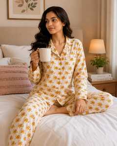 Ensemble de chemises de nuit pour femmes en coton 100% doux, imprimé floral tissé, bleu, dessiné à la main |   Chemise de luxe à col en V avec fermeture boutonnée et manches longues |   Vêtements de nuit - Product Image 4