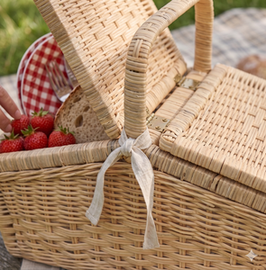 Natural Rattan Picnic <b>Basket</b> With Double Lids Handmade Woven Willow Hamper For Outdoor Camping Storage - Product Image 1