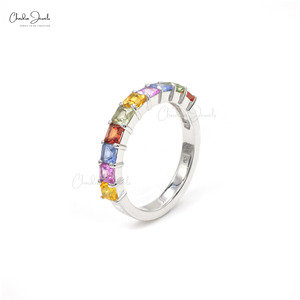 Envío Rápido, Anillo de Media Eternidad con Zafiros Naturales Multicolores de Corte Cuadrado de 3MM, Oro Blanco Sólido de 14K, Anillo de Bodas, Joyería en Stock - Product Image 3
