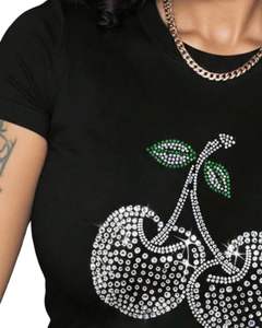 Camiseta Personalizada Negra para Mujer con Pedrería de Cereza, Manga Corta, Informal, de Verano, Mezcla de Algodón, con Estampado Gráfico, OEM, Top de Moda para Dama - Product Image 3