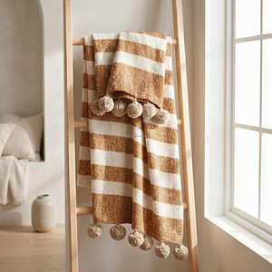 130x170 cm Rustic Woven Cotton <b>Blanket</b> Rust Windowpane Check Boho Couch Throw Oversized Pom Poms Custom Bulk - Product Image 1
