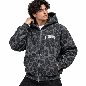 <b>Hoodie</b> Supplier Custom DTG <b>Leopard</b> <b>Print</b> Zipper Heavy Cotton French Terry Vintage Acid Wash Camo <b>Hoodie</b> For Unisex - Product Image 2