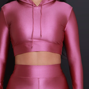 <b>Women</b> Pink Hooded Long Sleeve Crop Top High Waist Leggings <b>Set</b> Solid Color Spandex Polyester Gym Wear Full Length Trendy - Product Image 5