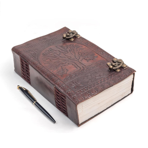 Mini Handmade Leather Sewing Binding A5 Sketchbook <b>Tree</b> of Life & Seven <b>Chakra</b> Embossed Journal Grimoire Notebook Gift Pencil - Product Image 2