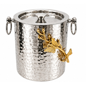 Seau à glace en métal martelé, seau à vin isotherme en acier inoxydable à double paroi avec poignée décorative en forme de branche de papillon dorée - Product Image 1