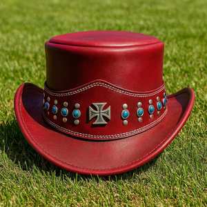 Wholesales Custom made Handmade <b>Red</b> Leather Cowboy <b>Top</b> <b>Hat</b> Turquoise Studded Western Gothic Cross Biker <b>Hat</b> - Product Image 2