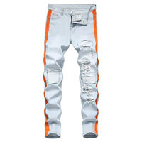 Jean en denim déchiré bleu clair pour homme, coupe slim, jambe droite, bande latérale orange, décontracté, respirant, été-automne