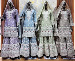 Ensemble New Star Georgette Gharara avec broderie Lakhnavi, pierres Zarkan, perles et collection hiver lourde Dupatta - Product Image 1