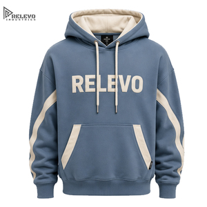 Sweat à capuche unisexe personnalisé en molleton épais de haute qualité, bleu ardoise avec panneau incurvé contrastant, style streetwear oversize pour homme - Product Image 1