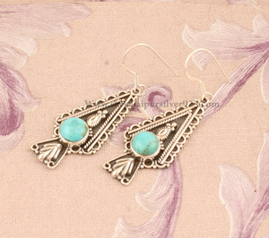 ต่างหูเงินแท้ 925 ประดับด้วยเทอร์ควอยซ์ธรรมชาติทรงหยดน้ำ ดีไซน์อินเดีย งานแฮนด์เมด สไตล์โบฮีเมียน ใส่สบายผิว เหมาะสำหรับทุกเพศ - Product Image 2