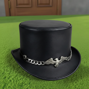 Premium quality custom made Handmade Black Leather <b>Top</b> Hat Steampunk with Golden Eagle Concho - Product Image 4