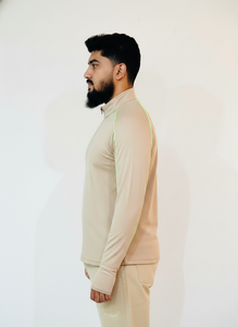 Camiseta Deportiva de Manga Corta para Hombre, Color Beige, con Cierre de Media Cremallera, Secado Rápido, Protección UV, Ribete en Verde Neón, Transpirable, Corte Regular, para Verano - Product Image 3