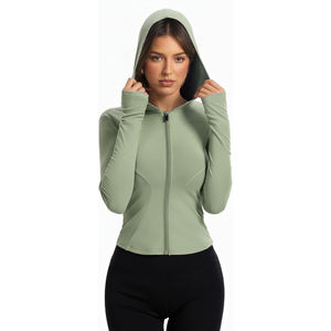 Chaqueta de yoga con cremallera para mujer, cuello alto, orificios para los pulgares, absorción de humedad, nailon y spandex, elasticidad en cuatro direcciones, transpirable - Product Image 2
