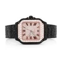 Montre de luxe pour homme, forme ronde, avec diamants, bracelet noir en diamants, cadran rose à chiffres romains, boîtier argenté, bracelet en diamants, montre-bracelet de créateur.