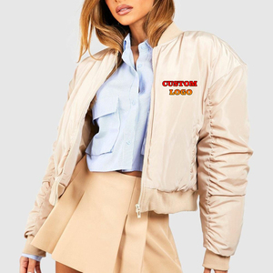 Blouson Bomber en Satin Beige pour Femme OEM/ODM avec Col Côtelé et Logo Personnalisé, Fermeture Éclair Avant, Manteau d'Automne - Product Image 1