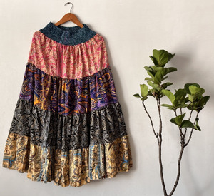 Women's Summer Bohemian Silk <b>Maxi</b> <b>Skirt</b> Comfortable Breathable Flowy Patchwork Hippie Festival Dress Casual Style Tiered Layer - Product Image 1