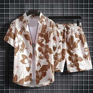 Brown Floral Print Design Breathable Men's Casual BeechWear Summer Shirt 320 Grams Quick Dry Eco-Friendly Short Sleeve 100%poly - Product Image 3