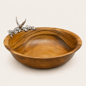 Bol de service artisanal en bois de manguier de qualité supérieure avec finition antique, accents métalliques d'oiseaux et de fleurs, bol décoratif élégant et écologique - Product Image 1