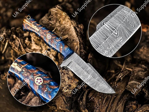 มีดเหล็กดามัสกัสแบบ EDC สำหรับตั้งแคมป์และล่าสัตว์ ด้ามจับเรซิ่นรูปทรงกรวยสน ออกแบบตามหลักสรีรศาสตร์ ใบมีดแบบ Drop Point ปรับแต่งได้ พร้อมปลอกหนัง - Product Image 6