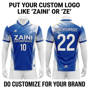 Camiseta de Fútbol Personalizada, 180 GSM, Poliéster Interlock, Diseño de Paneles Azules y Blancos, Sublimación, Bordado, Impresión de Logotipo - Product Image 1
