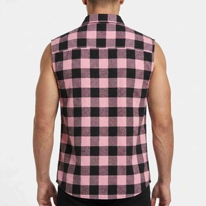 Chemise sans manches en flanelle à carreaux rose et noir pour homme, avec logo personnalisé, col rabattu, respirante, idéale pour l'entraînement estival - Product Image 2