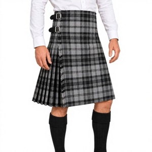 Global Fashion 2026 <b>Men's</b> Polyviscose Tartan <b>Kilt</b> Pleated High Waist <b>Black</b> Gray Plaid Pattern - Product Image 1