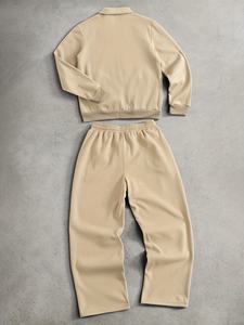 Ensemble de survêtement décontracté deux pièces pour homme, beige crème, avec veste à col zippée intégrale épaisse et pantalon de survêtement large à cordon de serrage - Product Image 2