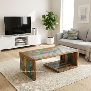 Durable Handmade Eco-Friendly Teak Wood <b>Coffee</b> <b>Table</b> <b>Rustic</b> Design Reclaimed Wood Vintage Colors Open Living Room Furniture - Product Image 5