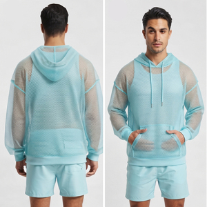 Drop Shoulder 100% Polyester Mesh Hoodie Men's Oversized <b>Fishnet</b> Hood Tops Men Quick Dry Summer Transparent Hoodies Men - Product Image 2