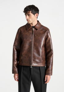 Chaqueta Bomber de Cuero Genuino Marrón para Hombre, Cuello Camisero, Cierre de Cremallera, Estilo Casual de Otoño, Corte Regular - Product Image 6