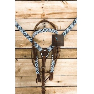 Conjunto de cabezada y pechera de cuero marrón con cuentas azules, estilo western, hecho a mano, ajustable, equipo ecuestre - Product Image 3