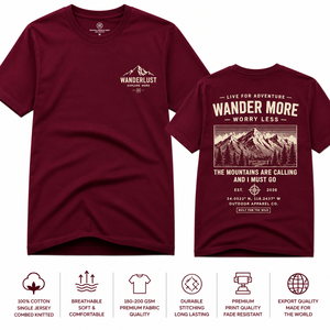 เสื้อยืดแขนสั้นผู้ชาย Wanderlust สีแดงเลือดหมู คอกลม ทรงปกติ ผ้าฝ้าย 100% ระบายอากาศได้ดี พิมพ์ลายภูเขาด้านหน้า - Product Image 1